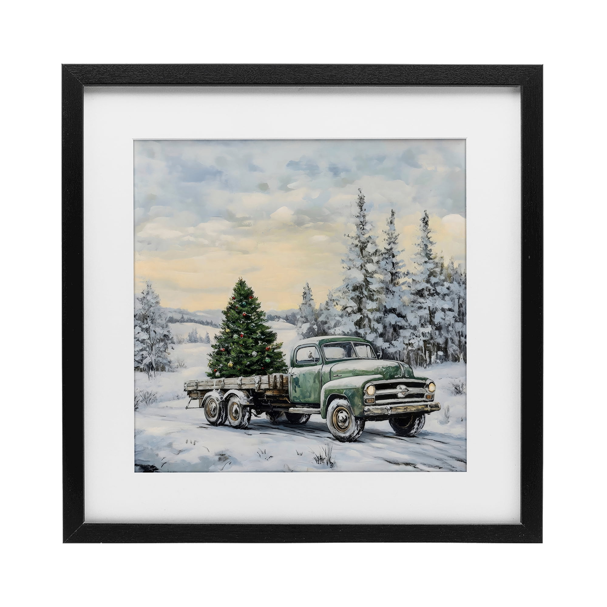 Green Christmas Tree Truck Black Framed Print Under Glass, design by Petal Prints Design