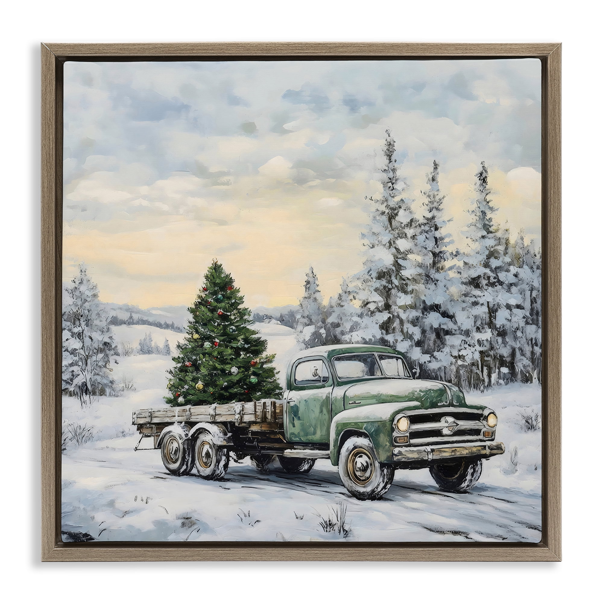 Green Christmas Tree Truck Brown Framed Floater Canvas Wall Art, design by Petal Prints Design