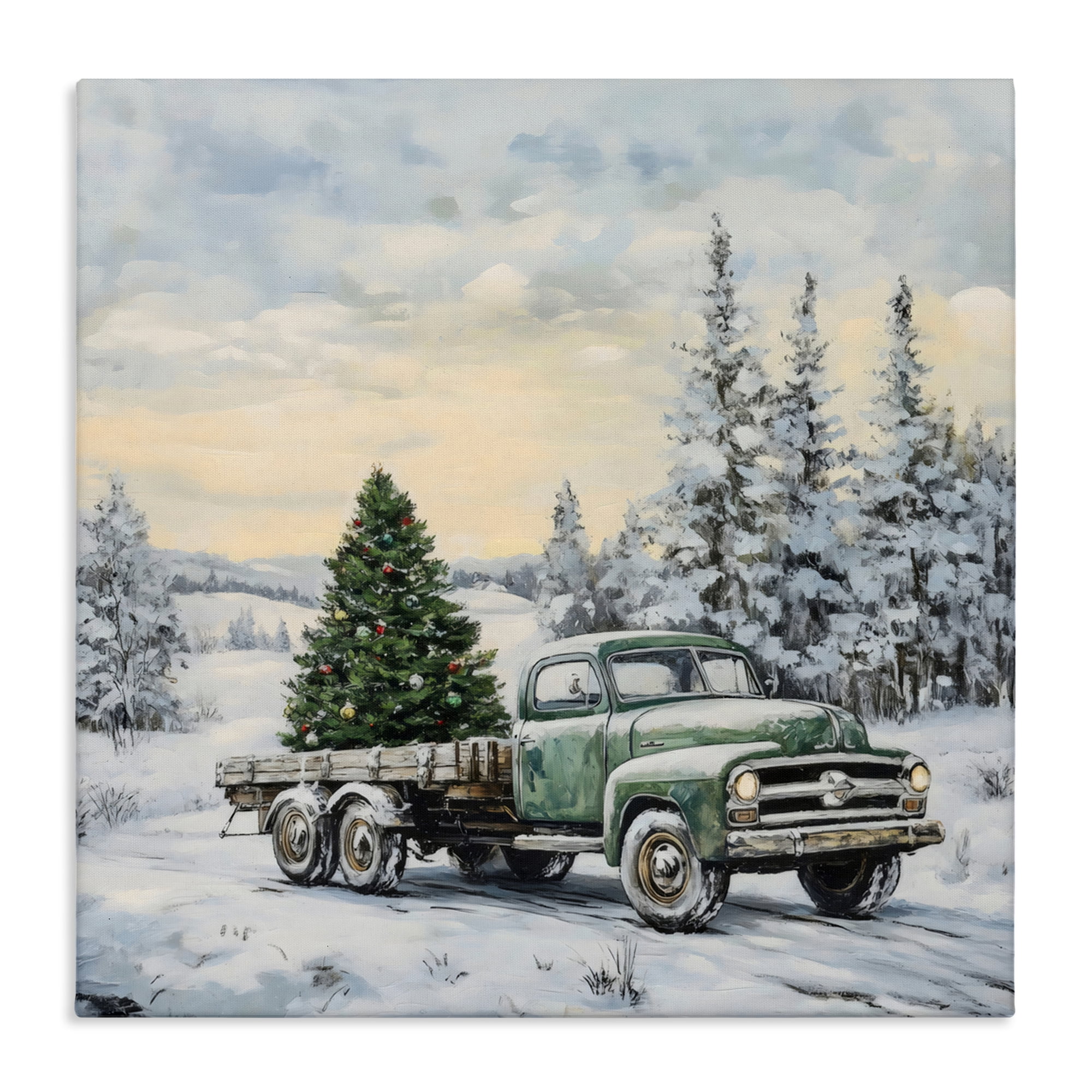 Green Christmas Tree Truck Canvas Wall Art, design by Petal Prints Design