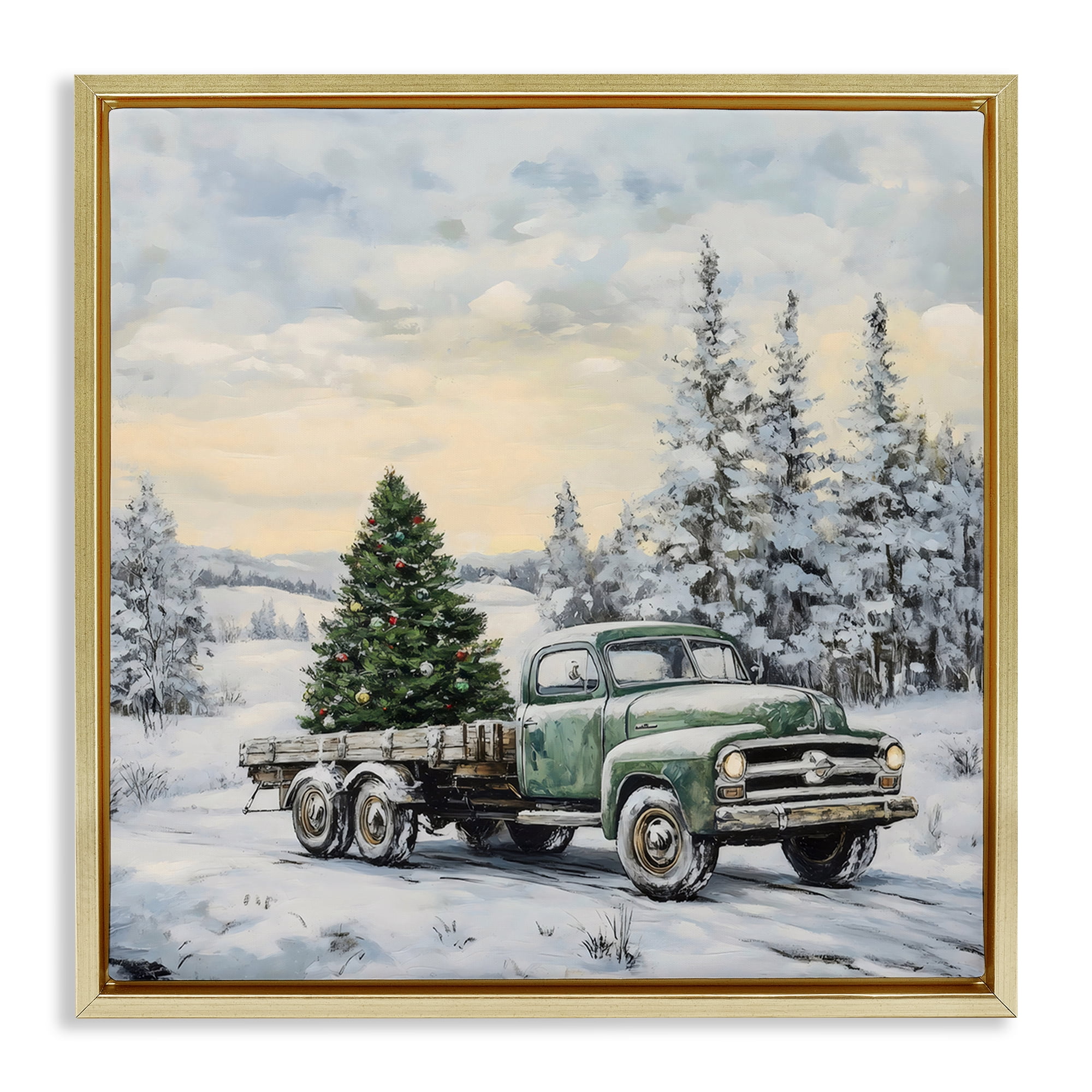 Green Christmas Tree Truck Gold Framed Floater Canvas Wall Art, design by Petal Prints Design