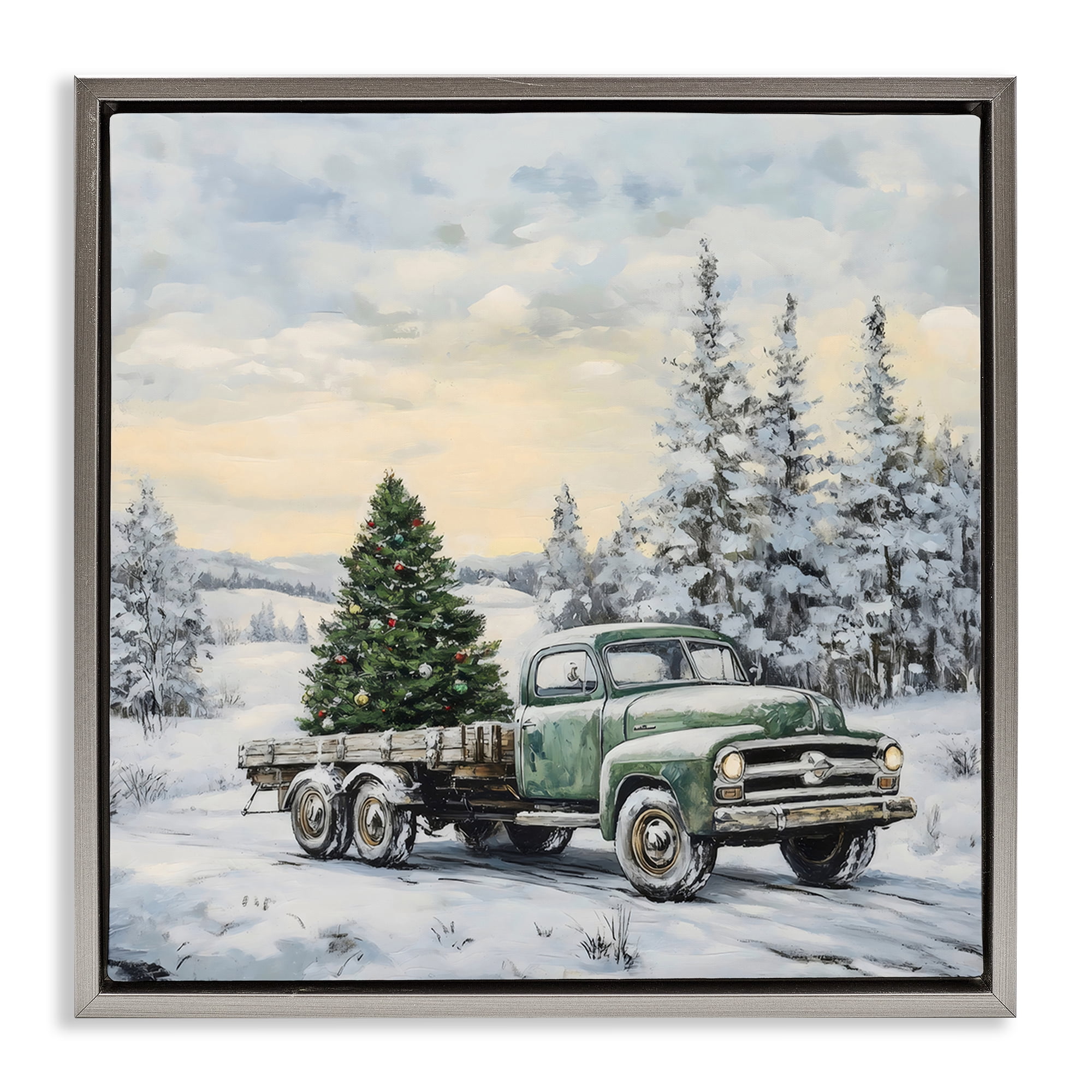 Green Christmas Tree Truck Gray Framed Floater Canvas Wall Art, design by Petal Prints Design