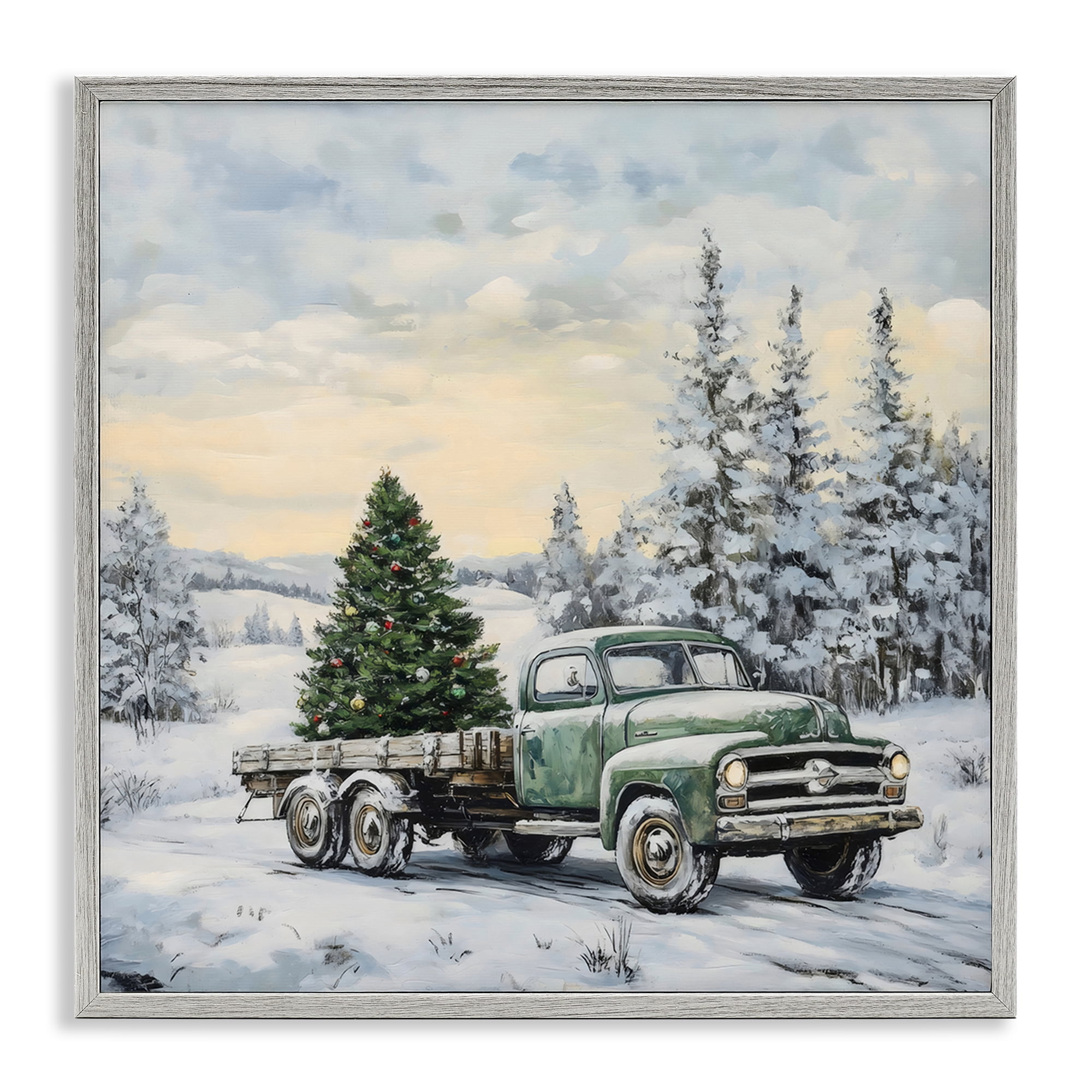 Green Christmas Tree Truck Gray Framed Giclee Art, design by Petal Prints Design