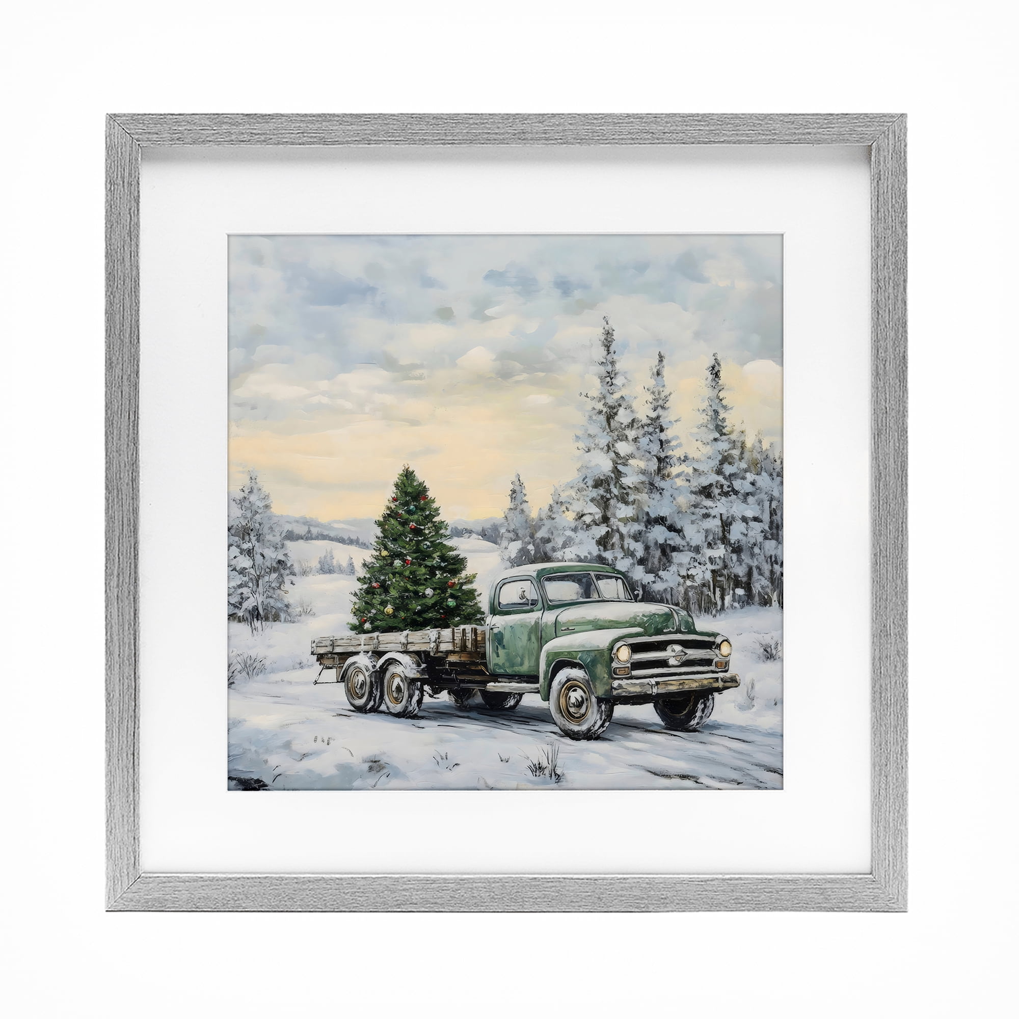 Green Christmas Tree Truck Gray Framed Print Under Glass, design by Petal Prints Design