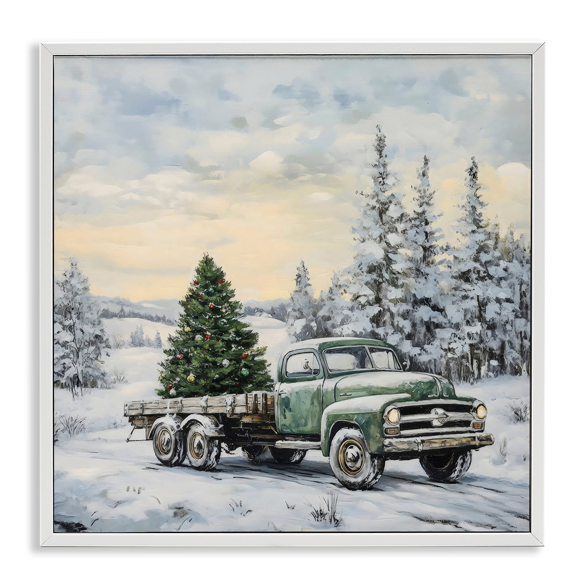 Green Christmas Tree Truck White Framed Giclee Art, design by Petal Prints Design