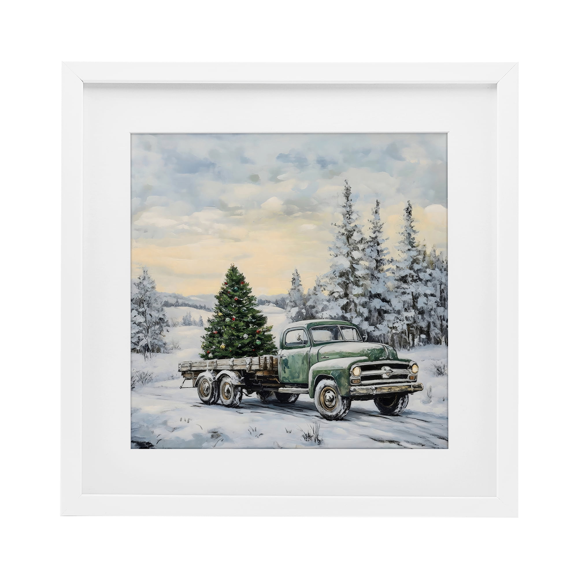 Green Christmas Tree Truck White Framed Print Under Glass, design by Petal Prints Design
