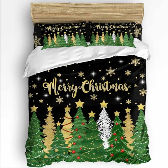 Green Christmas Tree Twin Size Comforter Set, Merry Christmas Gold Snow Pine Tree Black Bedding for All Seasons, 4 Pcs Bed Set with 1 Comforter (68"x86") ,1Sheet(66"x116"), 2 Pillowcases (19"x29")