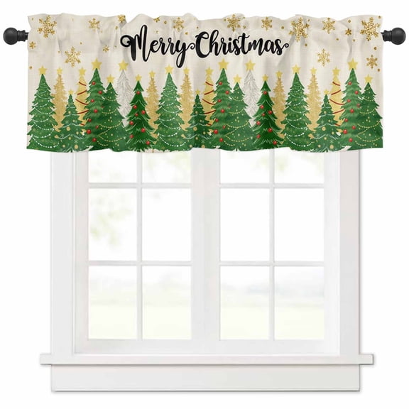 Green Christmas Tree Valances for Windows, Merry Christmas Pine Gold Snowing Linen Light Filtering Window Treatment Valances, Rod Pocket Small Curtains for Kitchen/Bathroom, 56"x16"