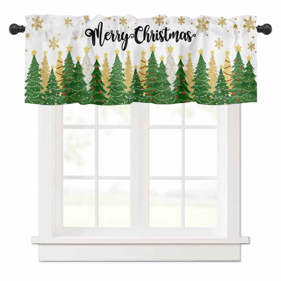 Green Christmas Tree Valances for Windows Merry Christmas Pine Gold Star Snowing Rod Pocket Curtain Valance Window Treatment Short Curtains for Kitchen Living Room, 60"x18"