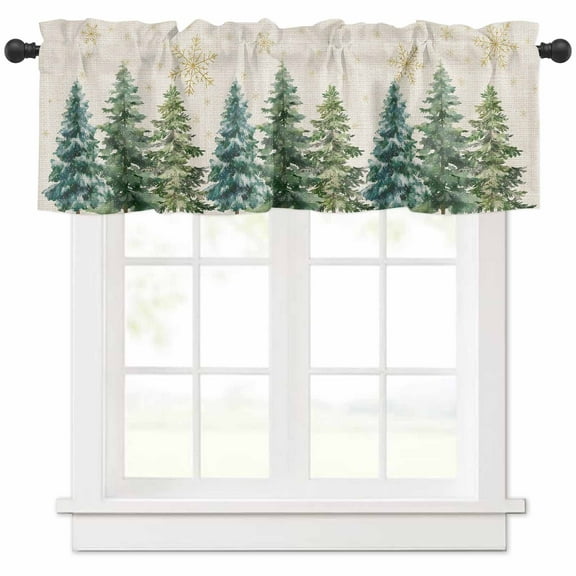 Green Christmas Tree Valances for Windows, Xmas Pine Trees Snowflakes Retro Linen Light Filtering Window Treatment Valances, Rod Pocket Small Curtains for Kitchen/Bathroom, 60"x18"