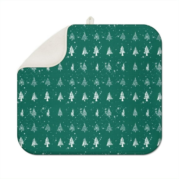 Green Christmas Tree and Snow Pattern Dish Drying Mat for Kitchen 1 Pack, Ultra Absorbent Microfiber Dishes Drainer Mats,16x18in(41x46cm)