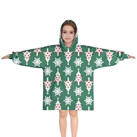 Green Christmas Tree and Snowflake Pattern Blanket Hoodies for Kids 6-13YR Oversize Wearable Blanket Hoodies for Boys Girls Teens
