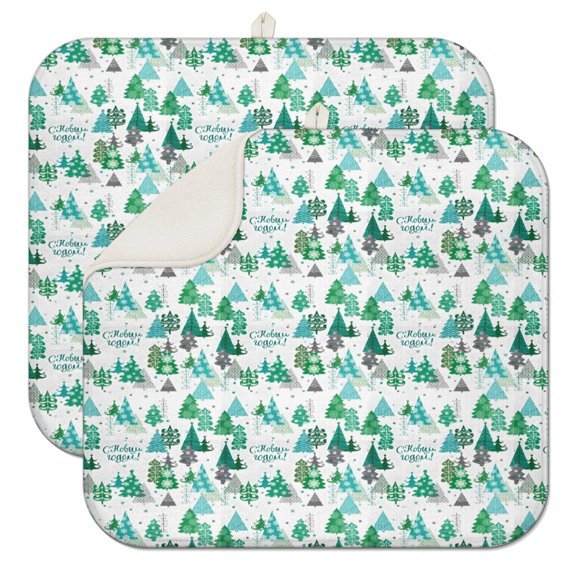 Green Christmas Tree and Text Pattern Dish Drying Mat for Kitchen 1 Pack, Ultra Absorbent Microfiber Dishes Drainer Mats,16x18in(41x46cm)