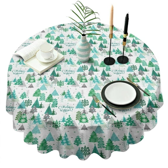 Green Christmas Tree and Text Pattern Round Tablecloth 60"x60",Wrinkle Wipeable Table Cloth for Kitchen Dining Room Picnic Patio Party