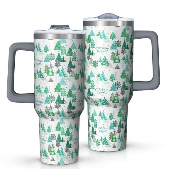 Green Christmas Tree and Text Pattern Tumbler with Handle and Lid,40oz Double Wall Vacuum Insulated Tumbler,Cups Gift for Women and Men