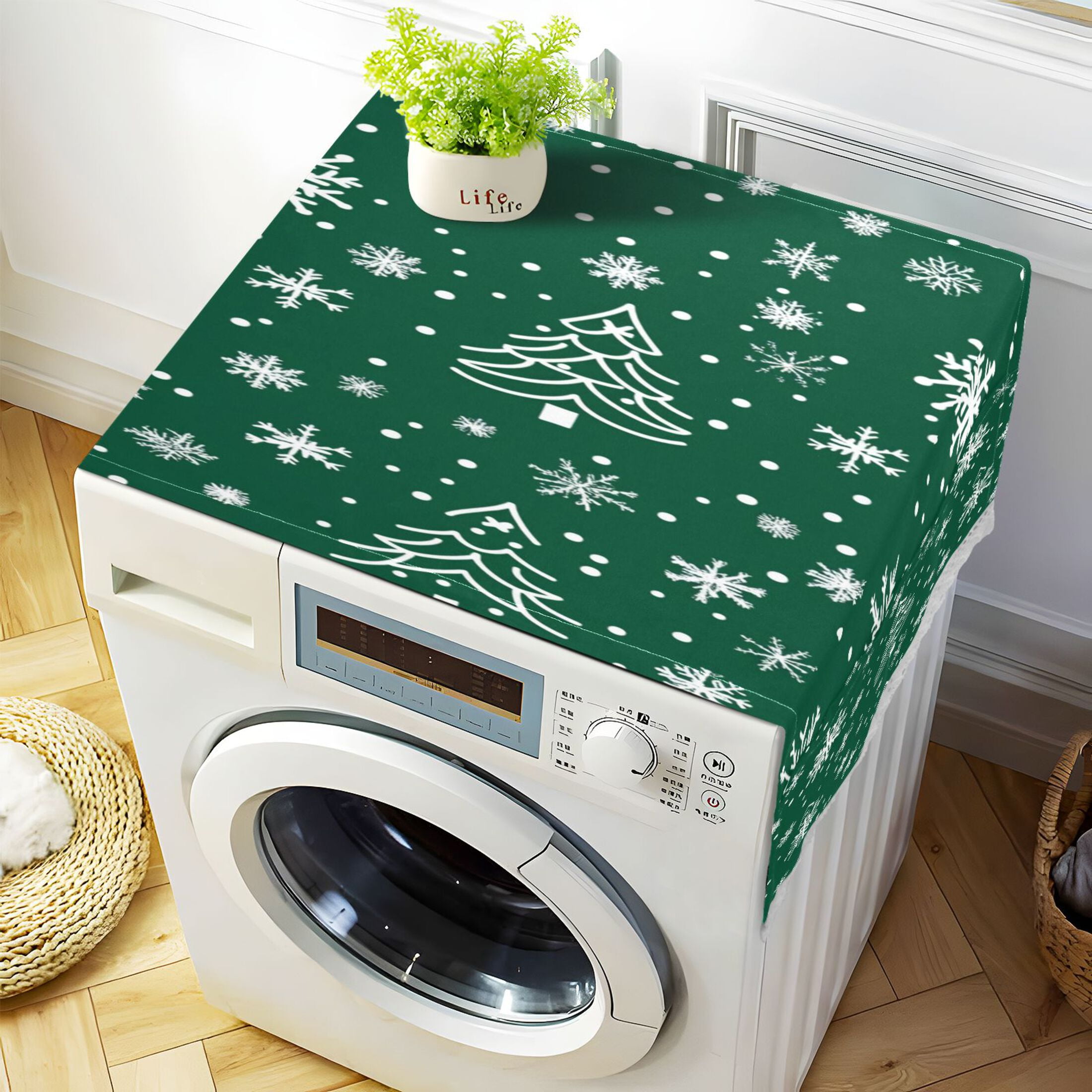 Green Christmas TreeWasher and Dryer Covers Dust-Proof and Oil Resistant Fridge Cover with 4 Storage Pockets Washing Machine Top Cover for Laundry Kitchen Home 51.2 x 22 In