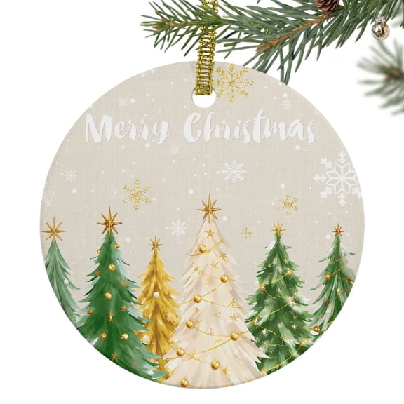Green Christmas Trees Ceramic Ornament 3 Inch Gold Xmas Tree Star Topper Snowflakes Round Porcelain Christmas Ornaments with Gold String for Holiday Party Xmas Tree Decor Gift for Friends Family