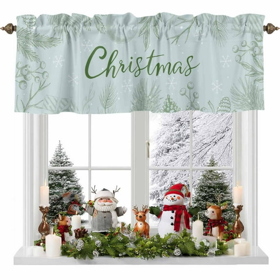 Green Christmas Valances for Windows, 54 x 18in, Hand-painted Pine Needles Plant Lines Textures Rod Pocket Kitchen Valance Curtain Light Filtering Window Treatments for Living Room Bedroom, 1 Panel