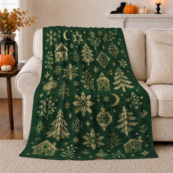 Green Christmas Village with Trees Snowflakes Houses and Moons, Festive Folk Art Style for Holiday Lovers, Warm Flannel Blanket for Living Room and Family Room, Christmas Gift, Home Decor