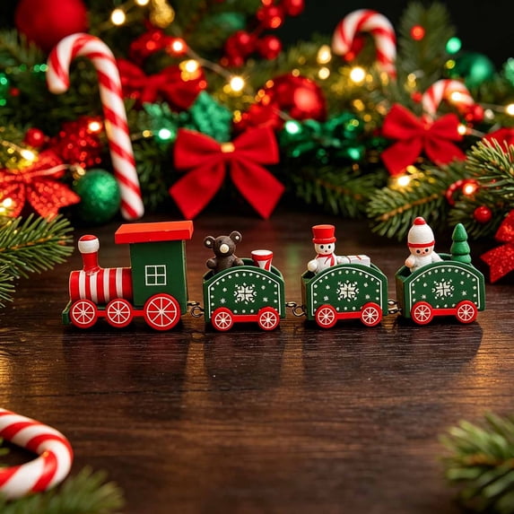 Green Christmas Wooden Mini Train Tabletop Ornament, 4-Car Connected Train Decor with Snowman Bear Figurines for Xmas Home Mantel & Table Decor