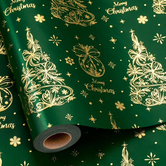 Green Christmas Wrapping Paper, Green Trees Wrapping Paper, Elegant Christmas Tree With Gold Foil Design Winter Holiday Gift Wrap for Gift Packaging, Festive Decoration (17 Inch X 33 Feet)