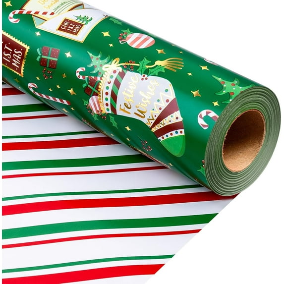 Green Christmas Wrapping Paper Roll, Reversible Festive Ornament Wrapping Paper, Metllic Foil Vintage Stocking & Bell Christmas Gift Wrap for Kid Holiday, Celebrations (17 Inch X 33 Feet)
