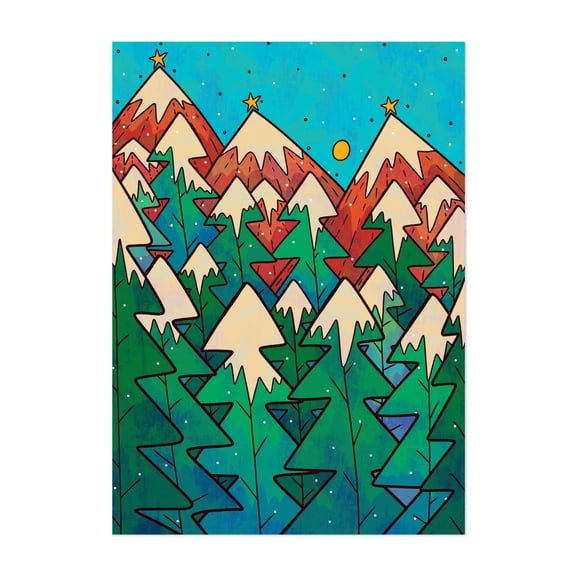 Green Christmas forest - Mixed Media Winter Mountain Forest Nature Snow Geometric Whimsical Unframed Wall Art Print 12 x 16 inches