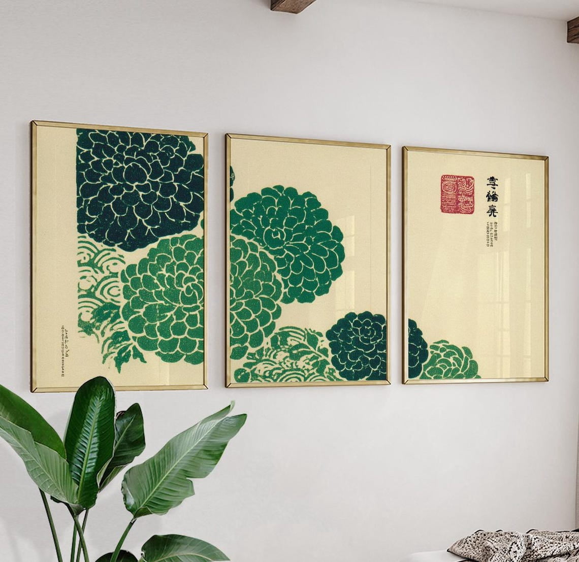 Green Chrysanthemum Woodblock Japanese Botanical Floral Wall Art Set 3 ...