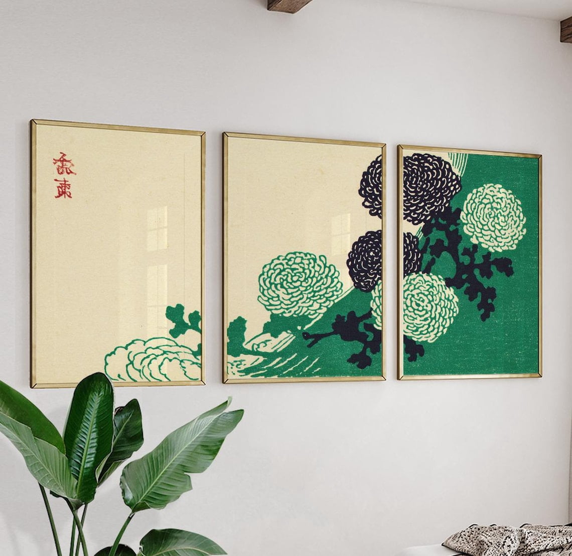 Green Chrysanthemum Woodblock Japanese Floral Botanical Wall Art Set 3 ...