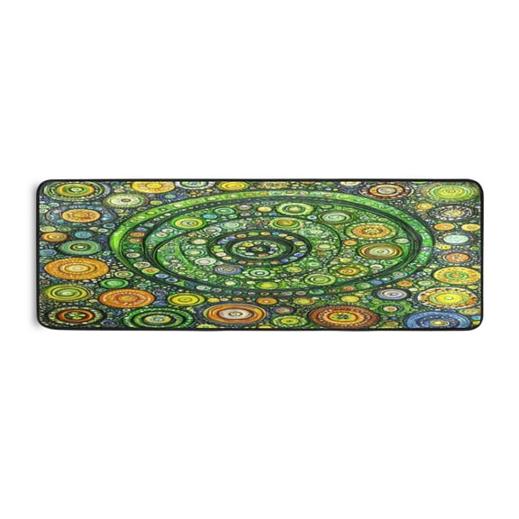 Green Circle Mandala 72x24" Runner Rug, Non-Slip Memory Foam Cushion, Anti-Crease for Hallways and Bedrooms