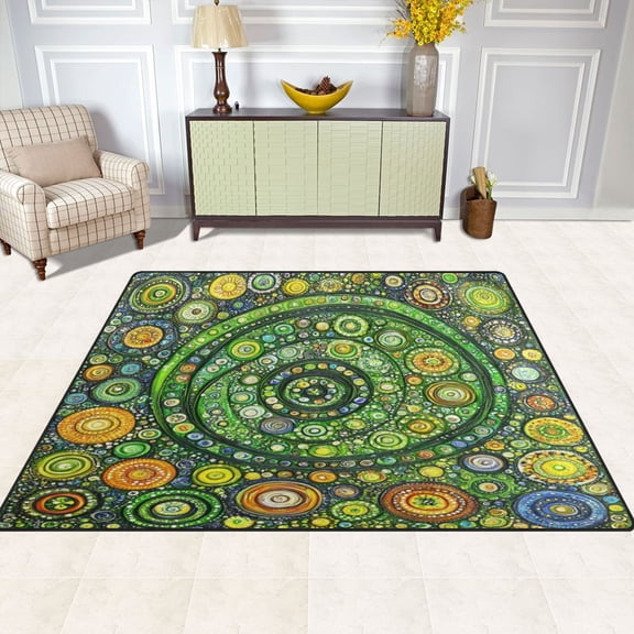 Green Circle Mandala 80''x58'' Extra Large Plush Memory Foam Rug, Soft, Absorbent, Non Slip