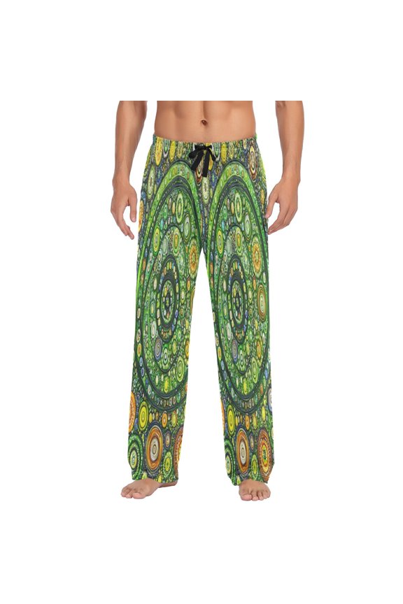 Green Circle Mandala Men's Lightweight Pajama Bottoms Stretch Elastic Waist Side Pockets Spring Fall