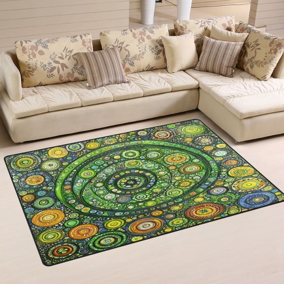 Green Circle Mandala Soft Polyester Area Rug 60''x39'', Non Slip, Memory Foam, Water Absorbent