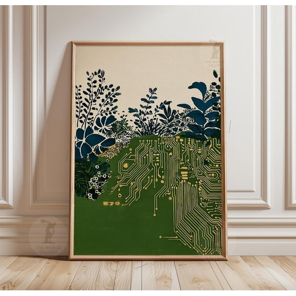 Green Circuit Board Botanical Poster Nature Technology Wall Art Print Eco Tech Garden Illu