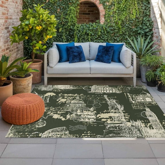 Green City Indoor Outdoor Rugs 3x5 Ft, Retro Modern Abstract Green Architecture Outdoor Patio Rugs Mat Washable Outside Area Rugs Carpet for Porch Deck RV Camping Pool Balcony Backyard