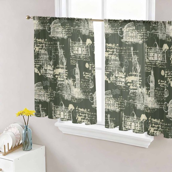 Green City Sheer Curtains for Living Room Bedroom, Retro Modern Abstract Green Architecture Light Filtering Sheer Curtain Rod Pocket Voile Window Treaments Drapes, 52 x 54 Inches