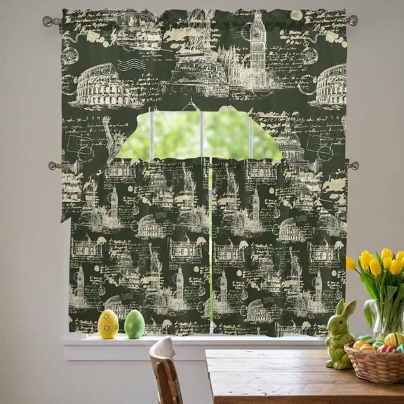 Green City Swag Curtains Valance & Tier Set, Retro Modern Abstract Green Architecture 3 Pcs Set Kitchen Swag Valances and Tiers 24 Inch Length Rod Pocket Curtain Drapes for Bedroom