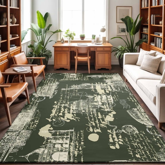 Green City Washable Area Rug 9 x 12 ft Retro Modern Abstract Green Architecture, Soft Non Slip Rugs Stain Repellent Indoor Felt Carpet for Living Dining Room Bedroom Home Office