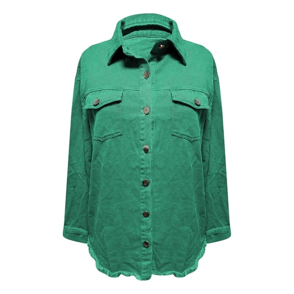 Green-Classic V Neck Button Down Top Washed Denim Shirt Jacket Fashion Casual Women's Jacket Green Women Blending Shirts Women Shirts(XL)