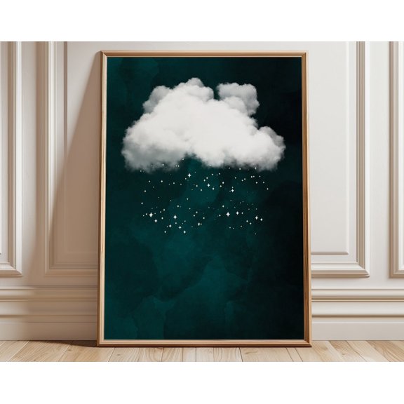 Green Cloud Print With Stars, Gift Abstract Art, Dark Green Wall Art, Maximalist Decor, Modern Wall Art Wall Art, Modern Wall Decor, 16x24 UNFRAMED