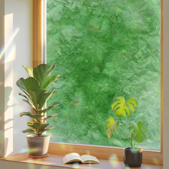 Green Clouds Window Privacy Film, Modern Abstract Art Fantasy Smoke Fog Stained Glass Rainbow Film Decorative Window Clings, Static Cling Sun Blocking Stickers 17.7" x 39.3"