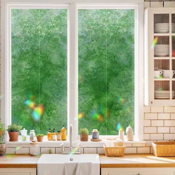 Green Clouds Window Privacy Film Modern Abstract Art Fantasy Smoke Fog Static Cling Stained Glass Window Film Non-Adhesive Decorative Decals Rainbow Sticker 17.7"X39.3"