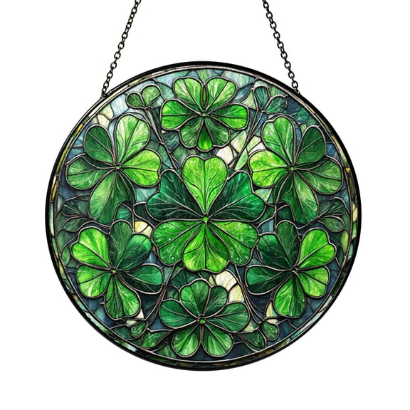 Green Clover Botanical Stained Glass Suncatcher Window Hanging, Four Leaf Clover Pattern Glass Art Panel, Round Nature Inspired Window Decor Ornament Decorative Plant Lover Gift for Home Window