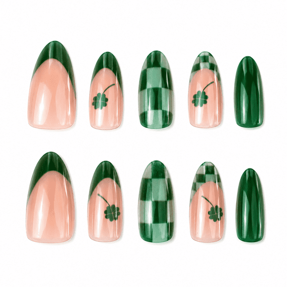 Green Clover Checkered Press on Nails, Short Almond Glossy French Tip False Nails, 30 Count