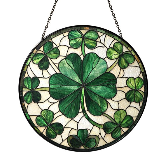 Green Clover Leaf Stained Glass Suncatcher Window Hanging Decor, Botanical Window Ornament With Clover Design