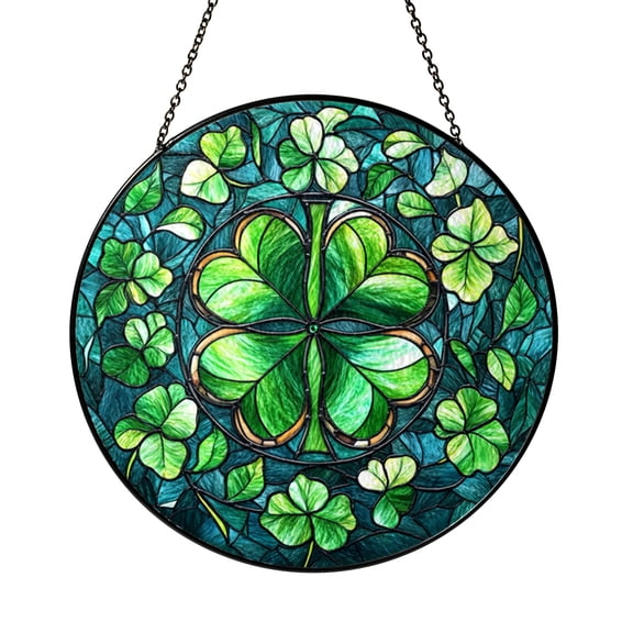 Green Clover Leaf Stained Glass Suncatcher Window Hanging, Decorative Botanical Vine Glass Art Panel, Round Nature Inspired Window Decor Ornament Decorative Plant Lover Gift for Home Window