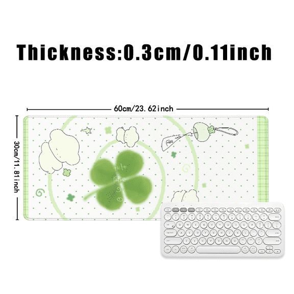 Green Clover Pattern Mouse Pad 31.5 x 11.82 Inches Rubber Desk Accessory with Kawaii Clouds and Stars Design for Office and Home Use
