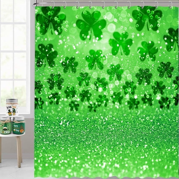 Green Clover St Patricks Day Shower Curtain for Bathroom Decor Irish Shamrock Shower Curtain Decorative Fabric with 12 Hooks 72" x 72"