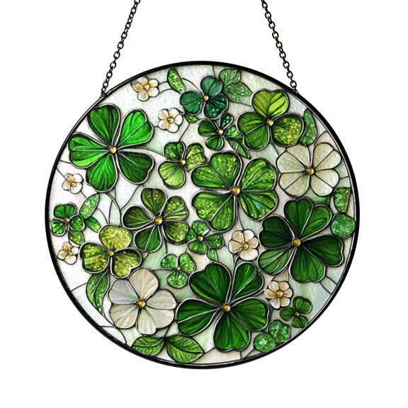 Green Clover Stained Glass Suncatcher Window Hanging, Multiple Clover Leaf Botanical Glass Art Panel, Round Stained Glass Style Window Decor, Nature Inspired Plant Art Ornament Decorative Home Window