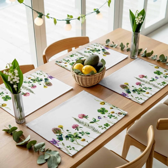 Green Clovers Leaves Flower St. Patrick's Day Placemats Set of 4,Wipeable Washable Table Mats for Dining Tables, Irish Shamrock Floral Place Mats for Kitchen Event Party Tabletop Decor
