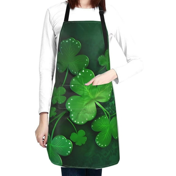 Green Clovers Wood Adjustable Apron with 2 Pockets, St Patrick's Day Chef Bib Gift for Kitchen Cooking BBQ